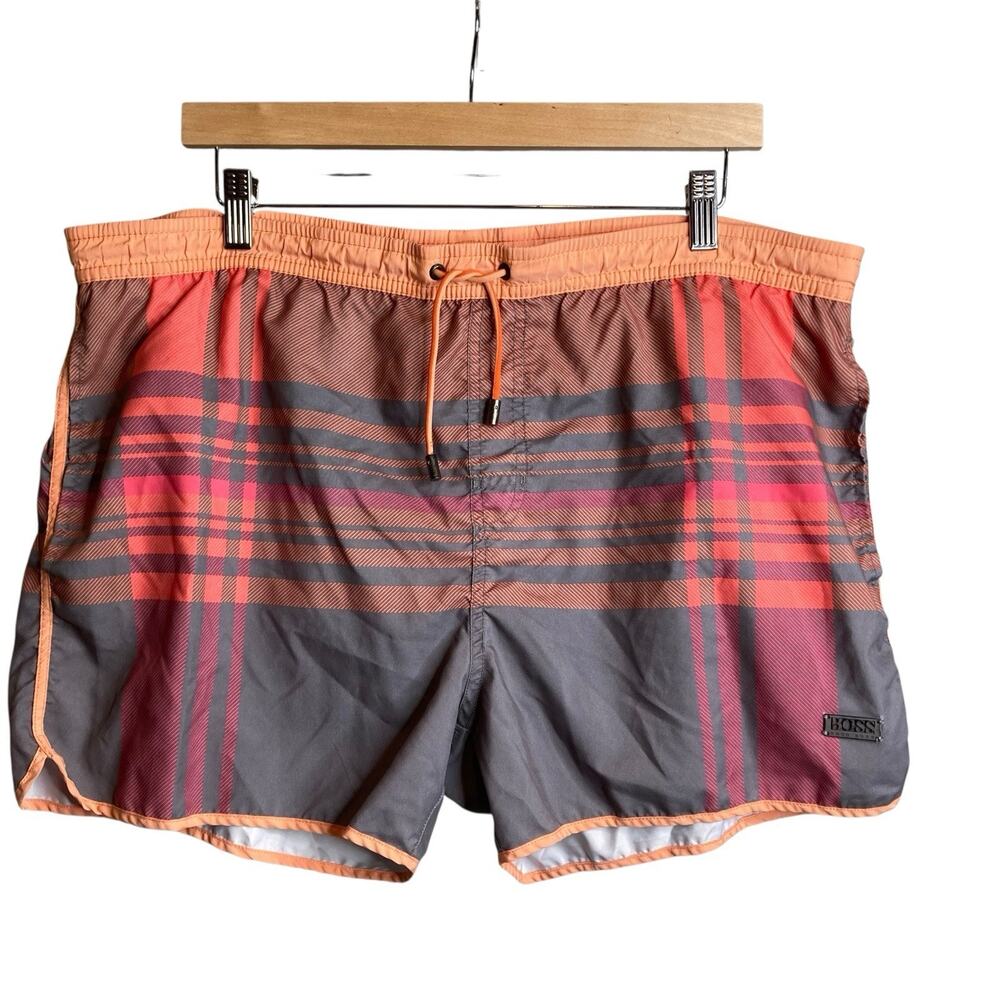 Boss Men's Orange Gray Plaid Bathing Suit Size L‎ Swim Trunks Pool Beach Resort